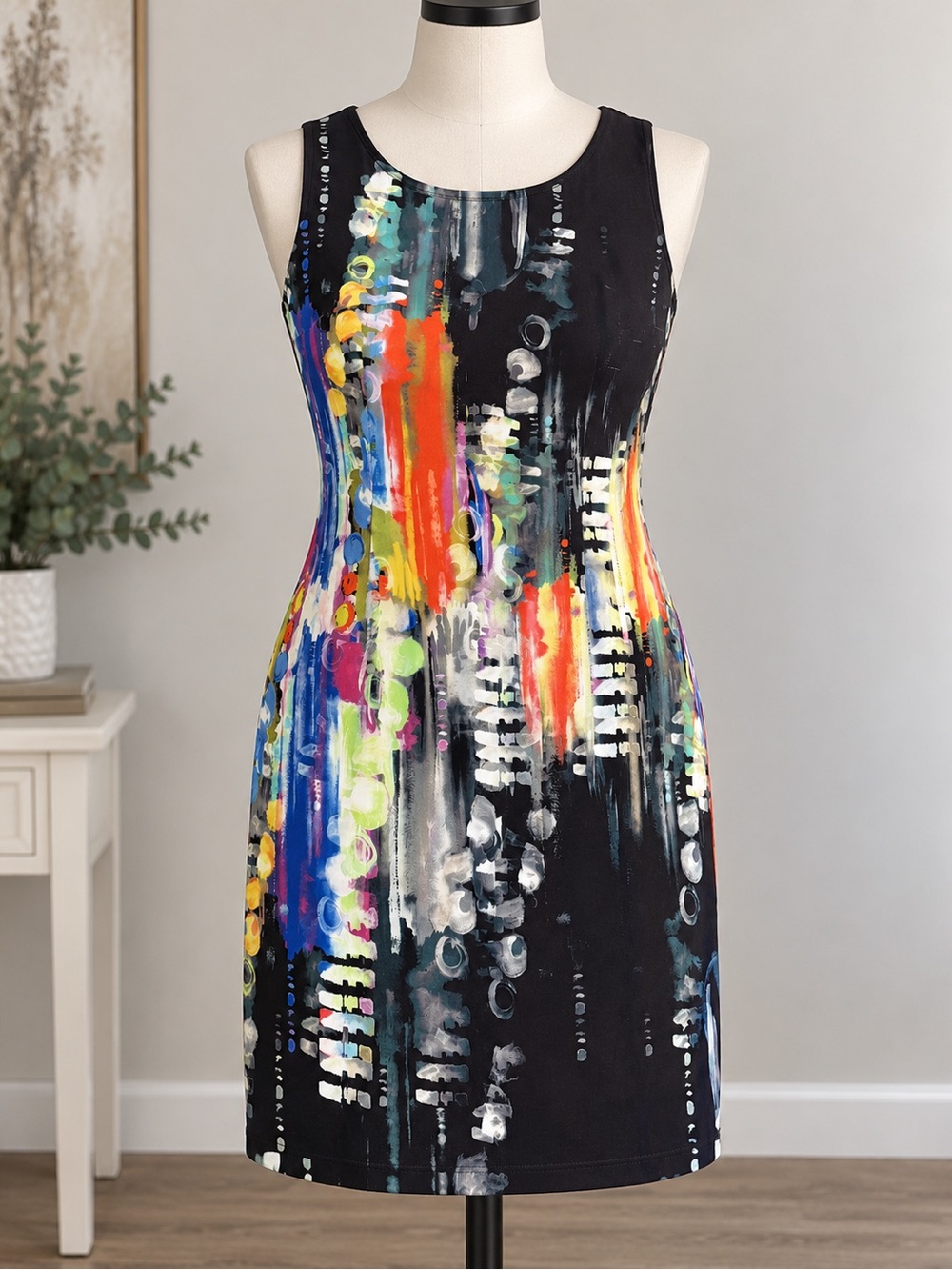 Mario Serrani Navy Sheath Dress with Multicolor Abstract Brushstrokes Size 10
